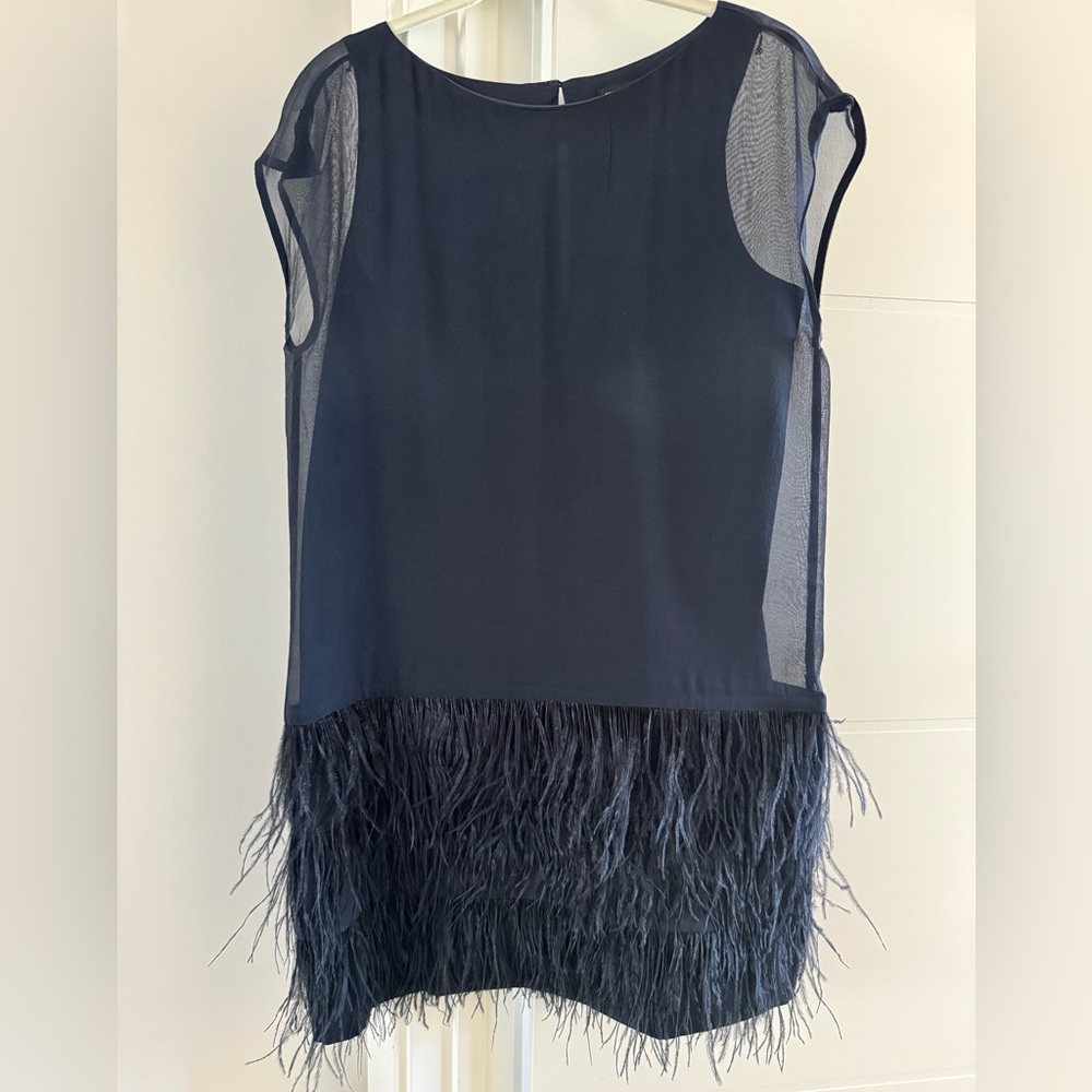 Club Monaco navy silk and feather dress size 4